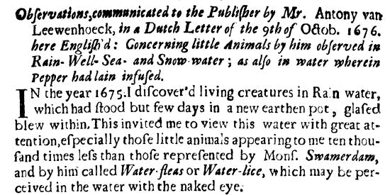 Leeuwenhoek October 1676 letter to the Royal Society Leeuwenhoek October 1676 letter